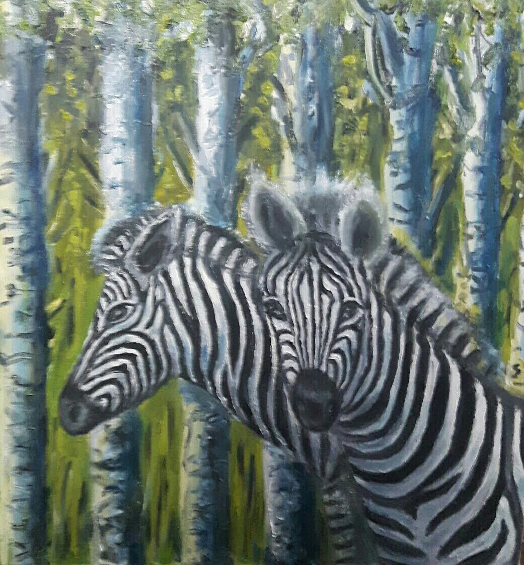 Zebras im Birkenwald (100x100)cm.jpg - Zebras im Birkenwald / Zebras in the birch forest (100x100)cm